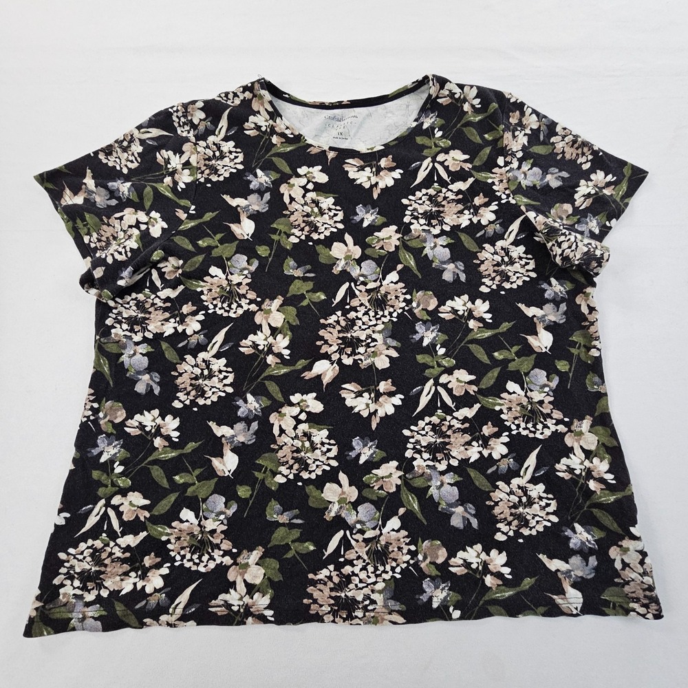 Croft & Barrow Classic Tee Black Floral Short Sleeve Cotton T-Shirt Women's 1X